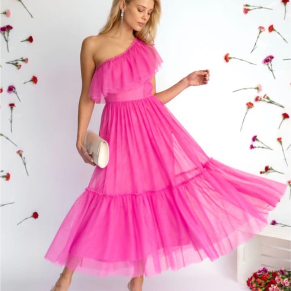 Vici Dresses & Skirts - ✨NWT✨ VICI Adore You One Shoulder Tulle Midi Dress in Barbie Pink